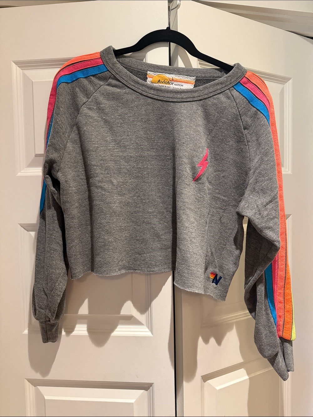 Aviator Nation Gray Cropped Sweatshirt with Pink & Blue Stripe Accents
